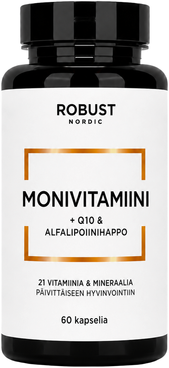 Vahva Monivitamiini, 21 vitamiinia ja kivennäisainetta, koentsyymi Q10 ja alfalipoiinihappo.