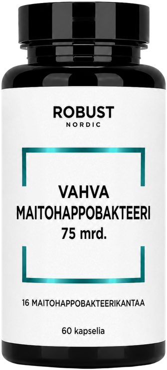Vahva Maitohappobakteeri 75 mrd., 16 maitohappobakteerikantaa ja prebioottinen FOS-kuitu, 75 miljardia CFU vuorokausiannoksessa.
