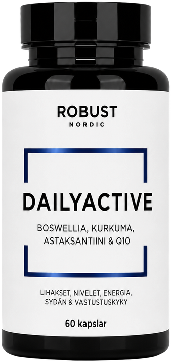 DailyActive, Boswellia, kurkuma, astaksantiini ja Q10: lihaksille, nivelille, energialle, sydämelle ja vastustuskyvylle.