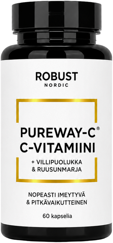 PureWay-C® C-vitamiini, Nopeasti imeytyvä ja pitkävaikutteinen C-vitamiini, villipuolukka ja ruusunmarja.