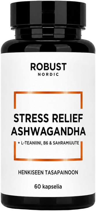 Stress Relief Ashwagandha, Ashwagandha, L-teaniini, sahramiuute ja aktiivinen B6 henkiseen tasapainoon.