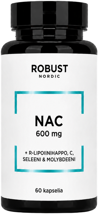 NAC 600 mg, N-asetyyli-L-kysteiini, aktiivinen R-lipoiinihappo, seleeni ja molybdeeni.